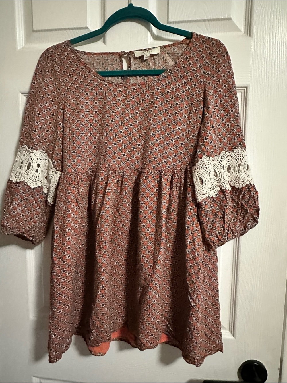 Umgee Boho Peasant Mini A-line Dress Size Large Blue & Orange Geometric